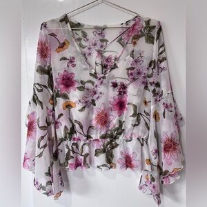 Guess| Sheer Boho White, Pink & Green Floral Bell Sleeve Blouse w/Cami Sz S